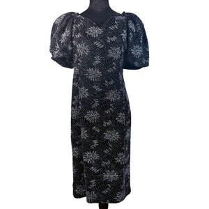 Vintage 90s Black Velvet Dress Puff Sleeve Glitter Fireworks Women's Medium Glam